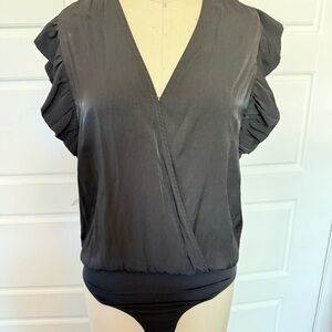 Black Ruffled V-Neck Women's Top